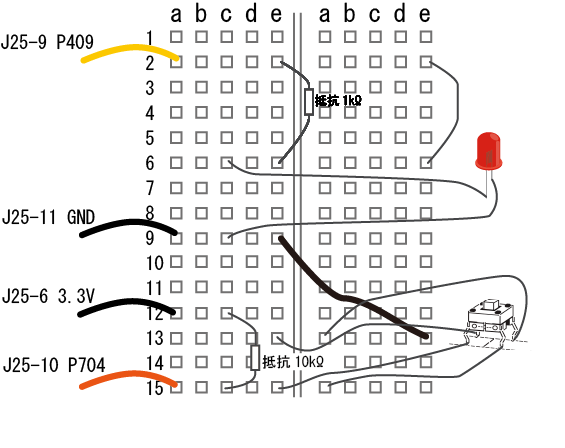 外付けLED配線 ブレッドボード E1 06プルアップ