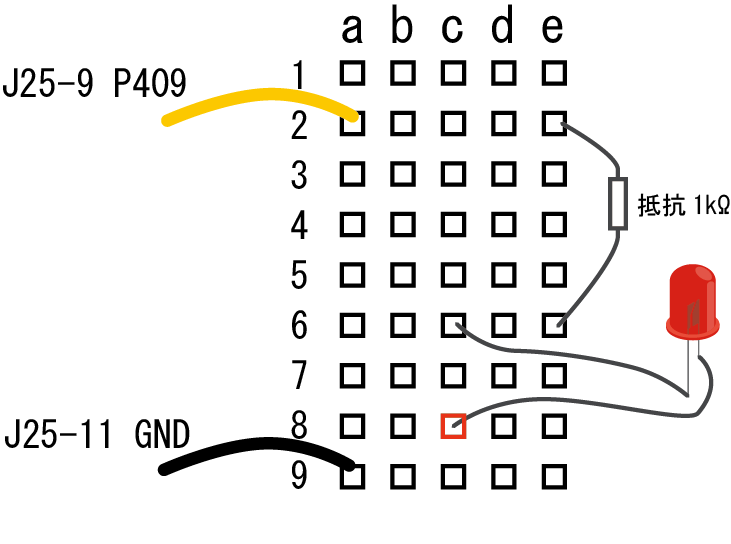 外付けLED配線 ブレッドボード 列ずらし